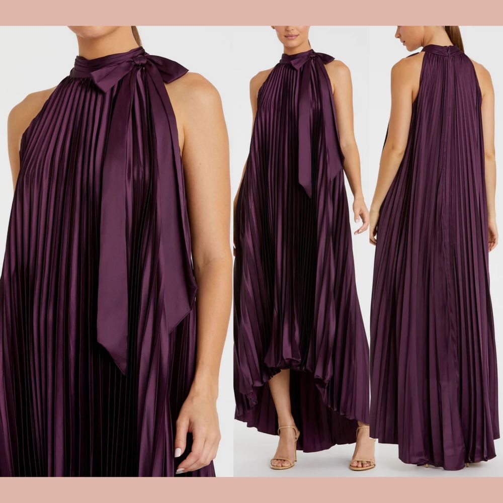 NWT MAC DUGGAL [ 6‎ ] 11639 Pleated Halter Neck High Low Gown Plum Purple